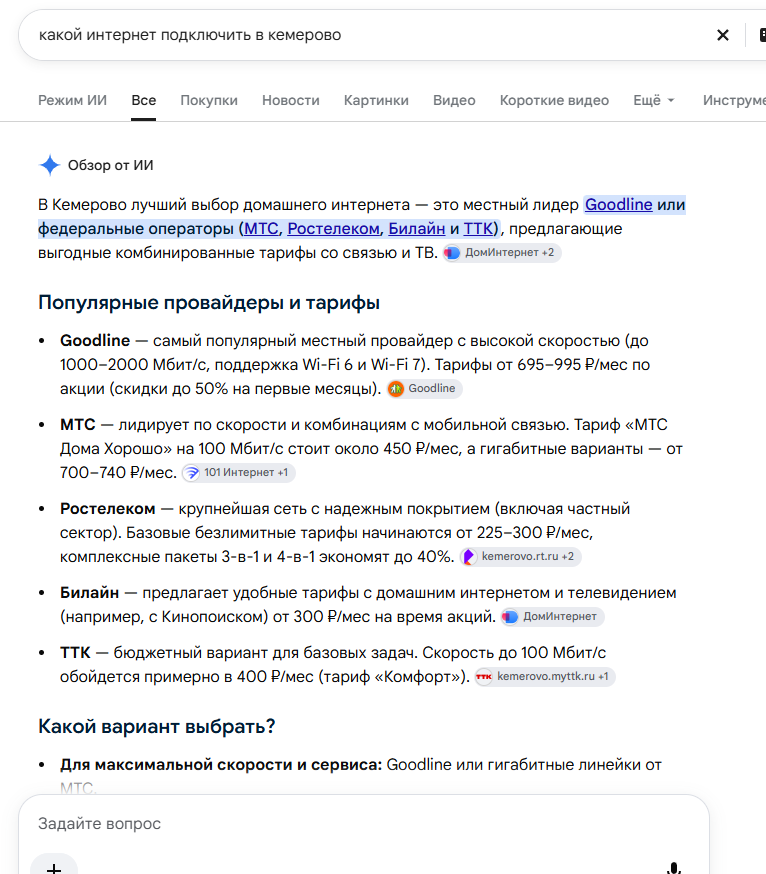 Обзор от ИИ в Google по запросу «какой интернет подключить в кемерово»: Goodline первым среди местных провайдеров, тарифы от 695–995 ₽, бейдж источника Goodline.